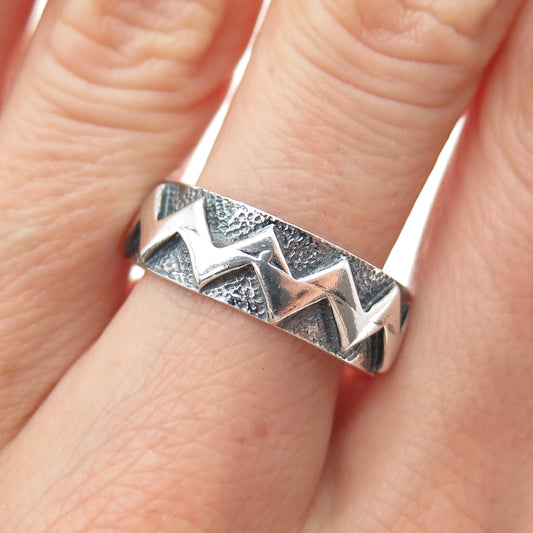 925 Sterling Silver Vintage Modernist Zig Zag Oxidized Band Ring Size 9.5