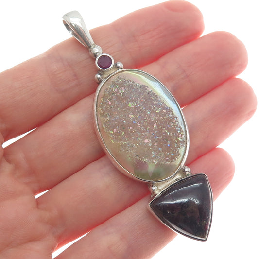 SAJEN 925 Sterling Silver Vintage Real Druzy Jasper & Ruby Gem Amulet Pendant