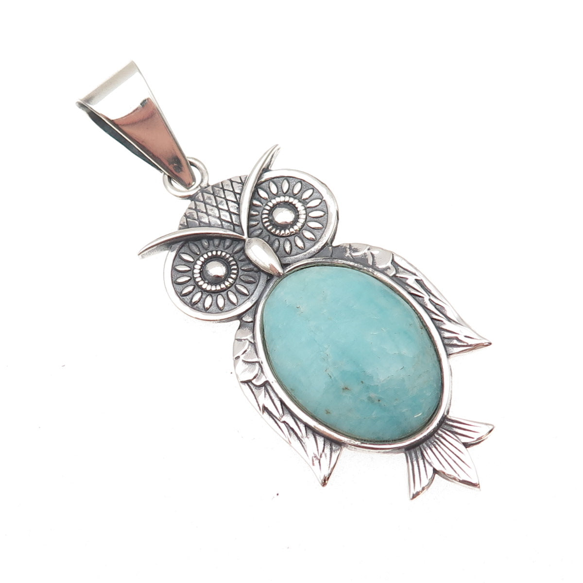 950 Silver Vintage Real Amazonite Owl Bird Oxidized Pendant