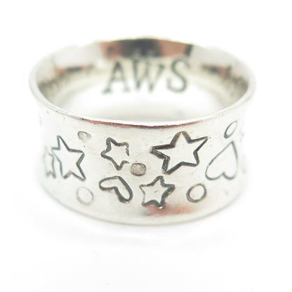 AWS JEWELRY 925 Sterling Silver Vintage Hearts & Stars Band Ring Size 6.5