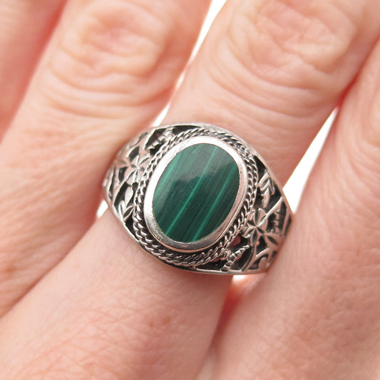 925 Sterling Silver Vintage Real Malachite Floral Oxidized Ring Size 9.75