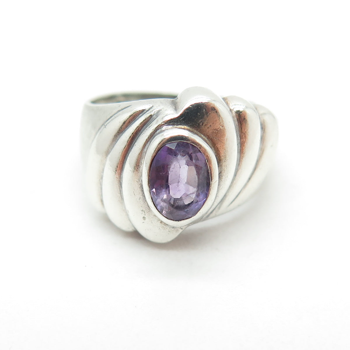 925 Sterling Silver Vintage Real Amethyst Gemstone Ribbed Ring Size 5.25