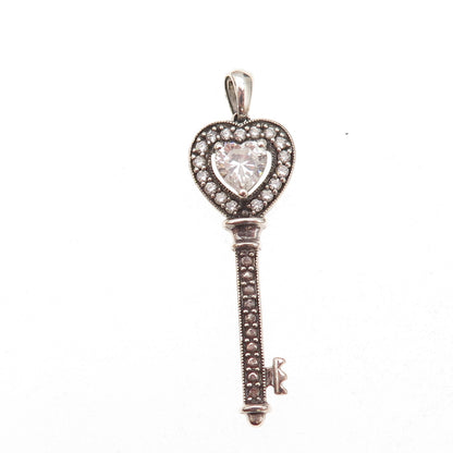 JH Young 925 Sterling Silver Heart & Round-Cut C Z Key Charm Pendant