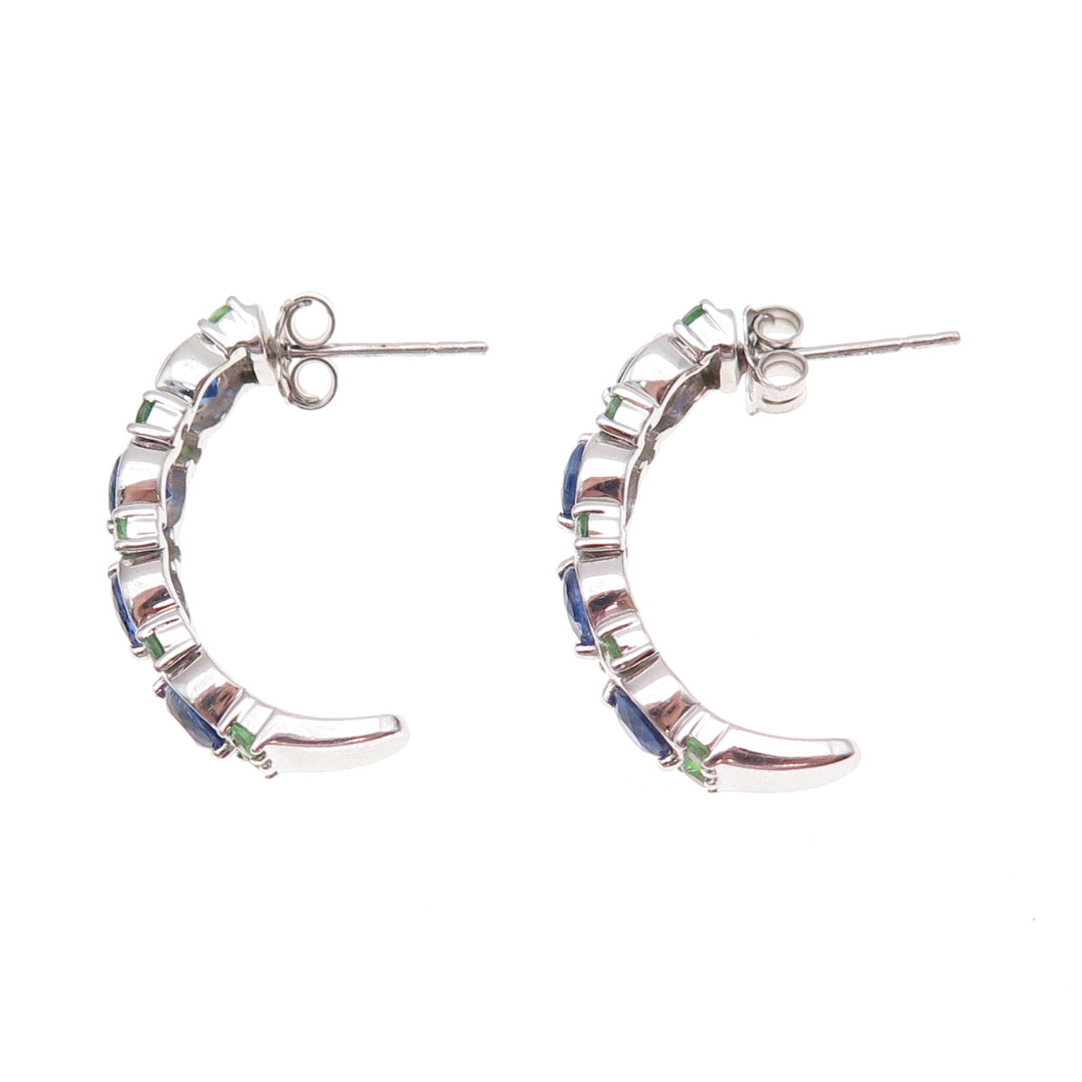 925 Sterling Silver Real Round-Cut Sapphire & Tsavorite Crescent Earrings