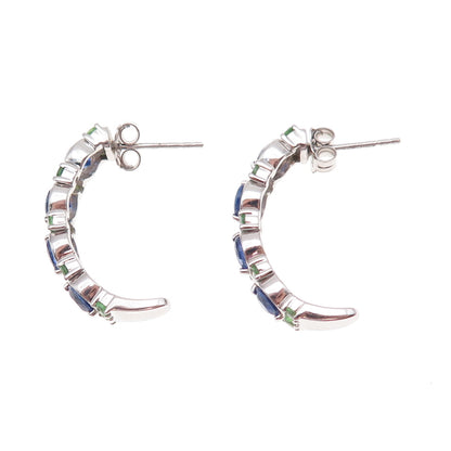 925 Sterling Silver Real Round-Cut Sapphire & Tsavorite Crescent Earrings