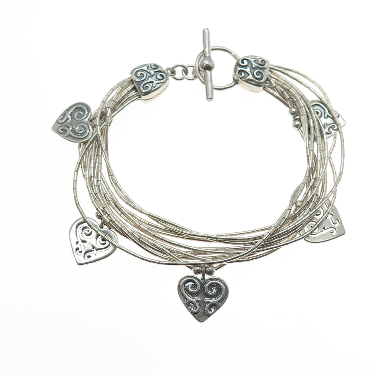 SHUBE 925 Sterling Silver Vintage Heart Multi-Strand Liquid Chain Bracelet 6.75"