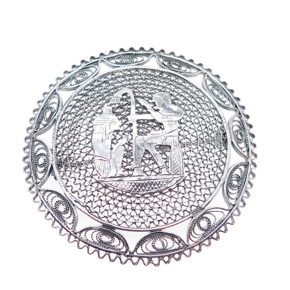 800 Silver Vintage Egypt Storyteller Filigree Oxidized Pin Brooch