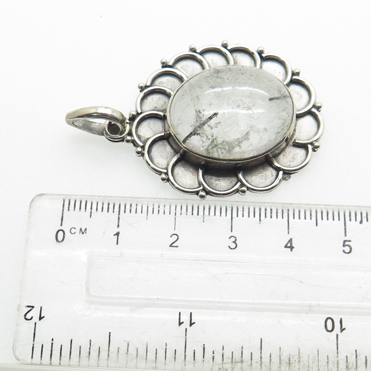 925 Sterling Silver Vintage Real Rutilated Quartz Flower Oxidized Pendant