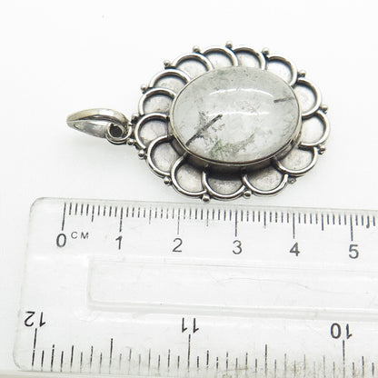 925 Sterling Silver Vintage Real Rutilated Quartz Flower Oxidized Pendant
