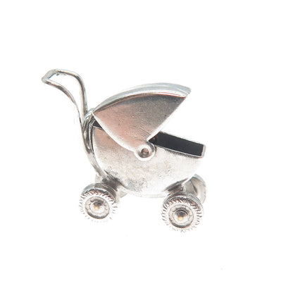 CARL ART 925 Sterling Silver Antique Baby Carriage Minimalist 3D Charm Pendant