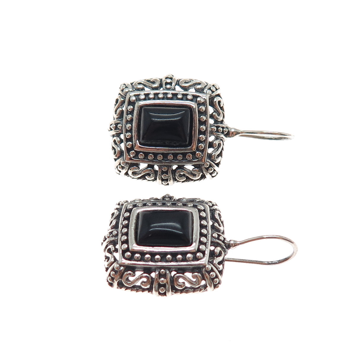 925 Sterling Silver Vintage Real Black Onyx Ornate Oxidized Dangle Earrings