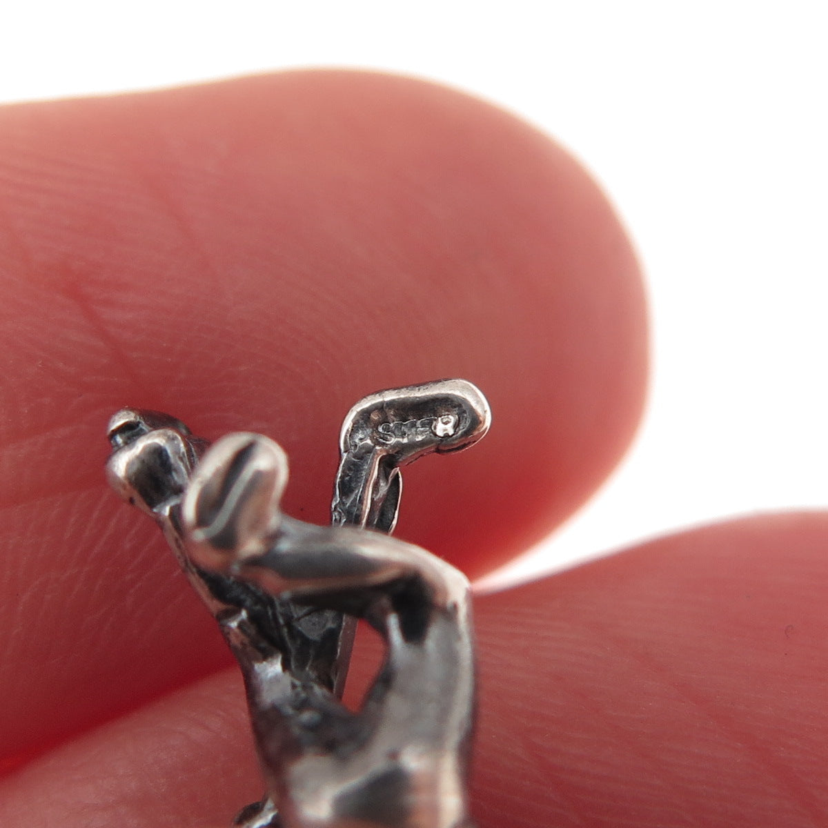 925 Sterling Silver Vintage Hockey Player Oxidized 3D Mini Charm Pendant