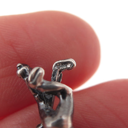 925 Sterling Silver Vintage Hockey Player Oxidized 3D Mini Charm Pendant