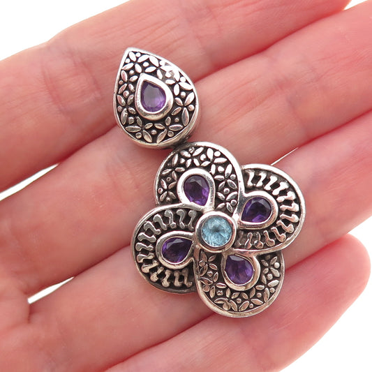 CNA Pranda 925 Sterling Vintage Real Amethyst & Blue Topaz Floral Slide Pendant