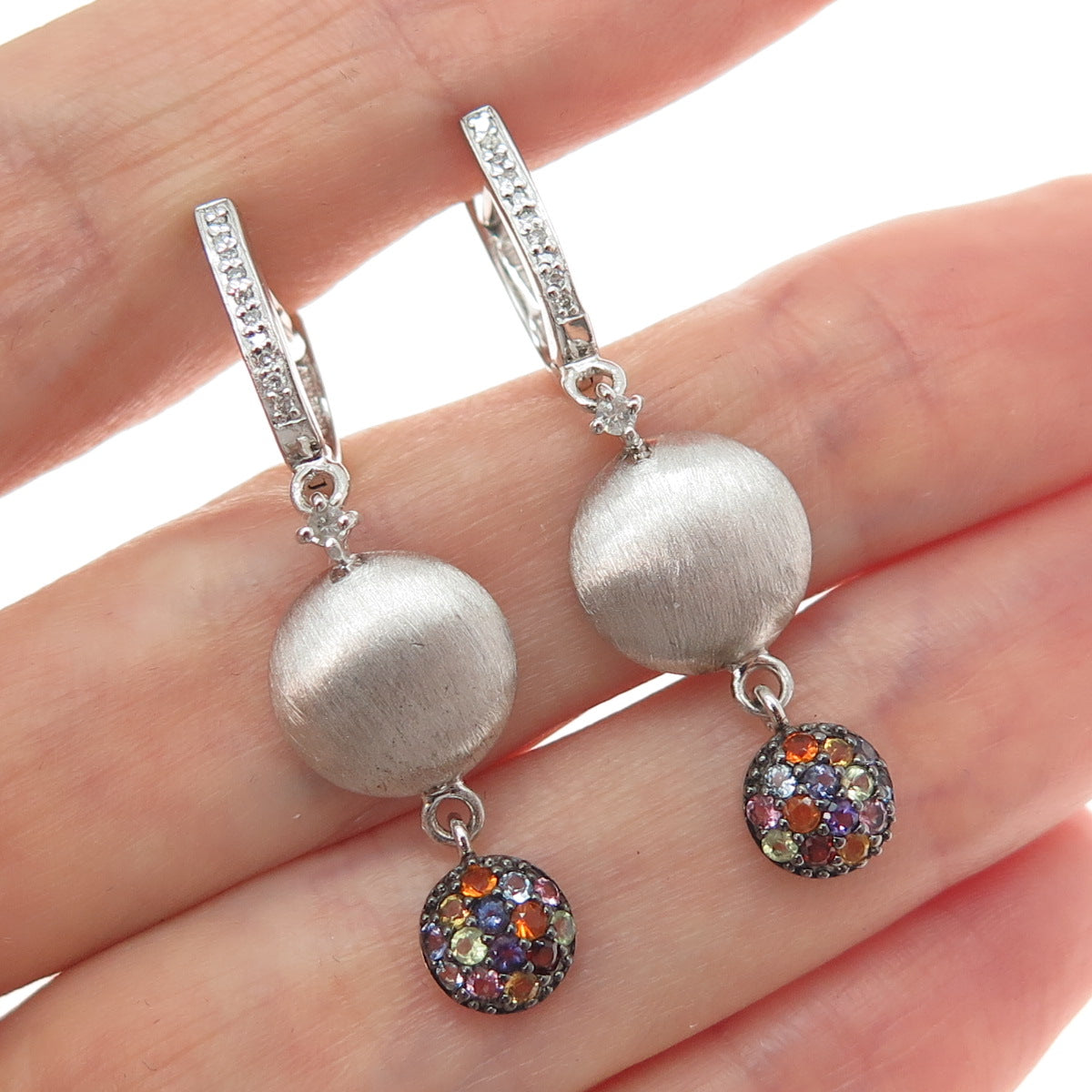 FADI 925 Sterling Silver Real Diamond & Multi-Color Gem Dangle Earrings