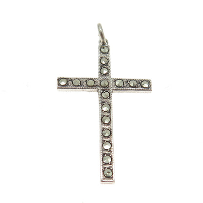 THEDA Sterling Silver Antique Art Deco Real Marcasite Cross Religious Pendant