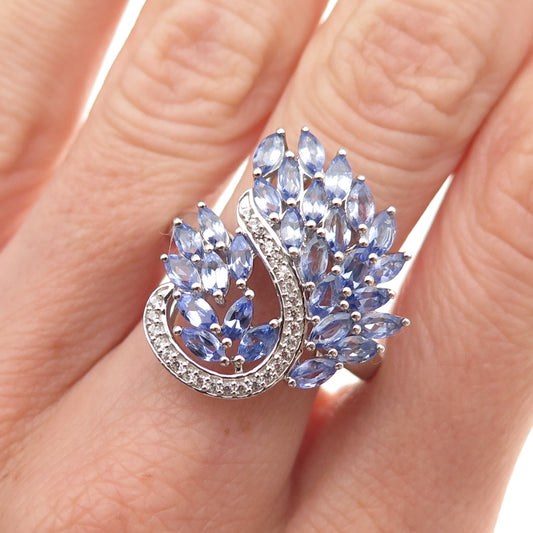 925 Sterling Silver Real Marquise-Cut Tanzanite & White Topaz Ring Size 8