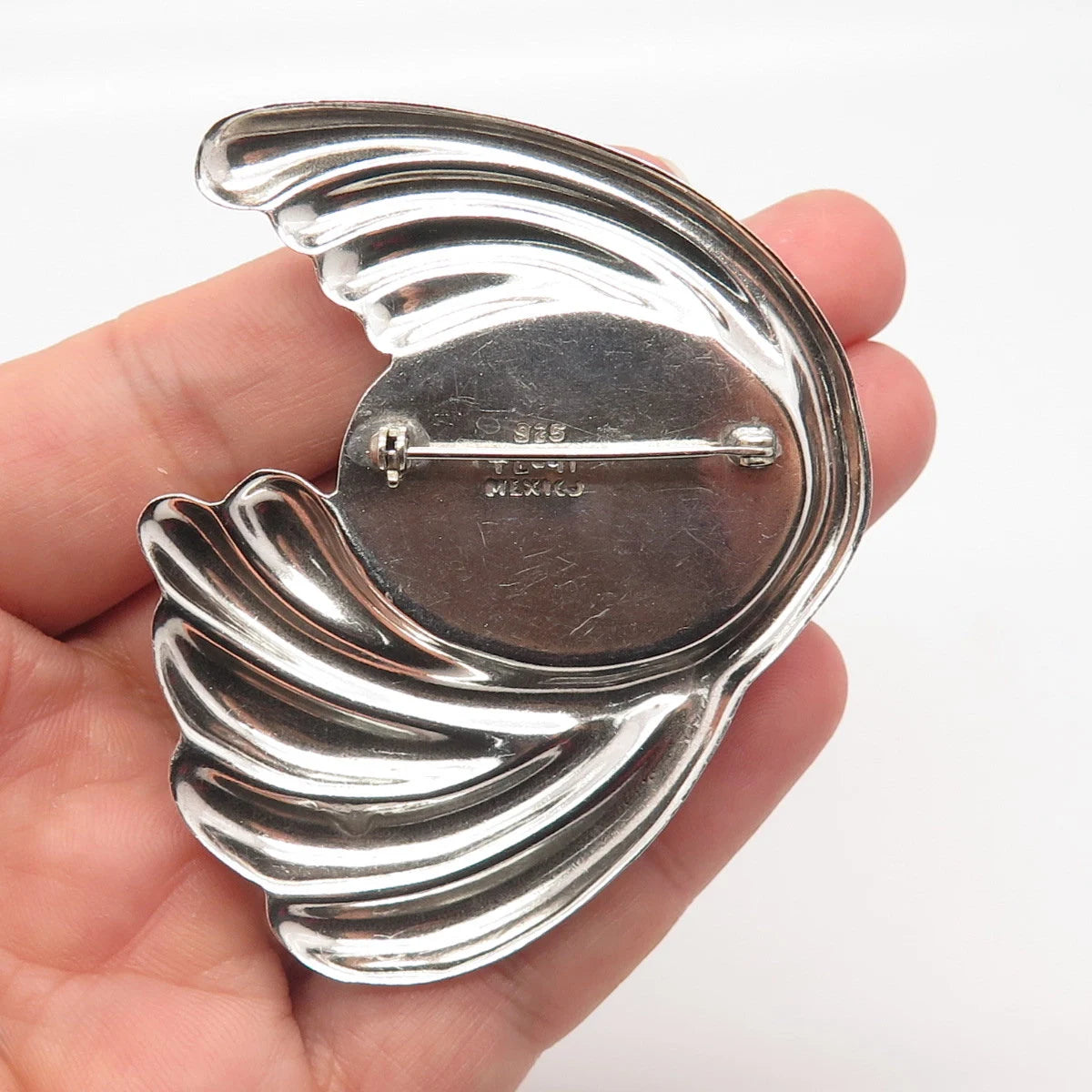 925 Sterling Silver Vintage Mexico Real Black Gem Ribbed Modernist Pin Brooch