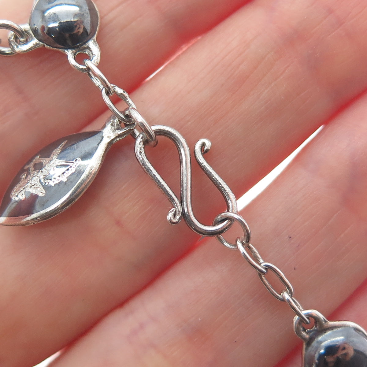 925 Sterling Silver Antique Siam Niello Hindu Goddess Bell Charm Bracelet 6.5"
