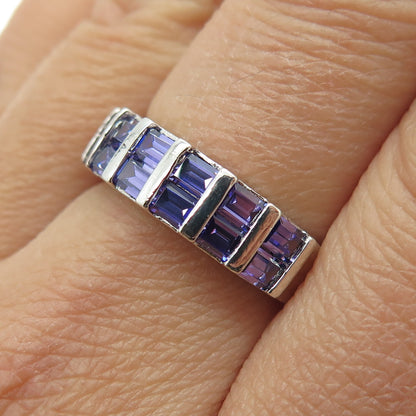 925 Sterling Silver Emerald-Cut Purple C Z Ring Size 7.75