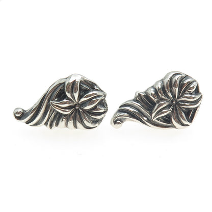 925 Sterling Silver Antique Art Deco Lily Repousse Oxidized Screw Back Earrings