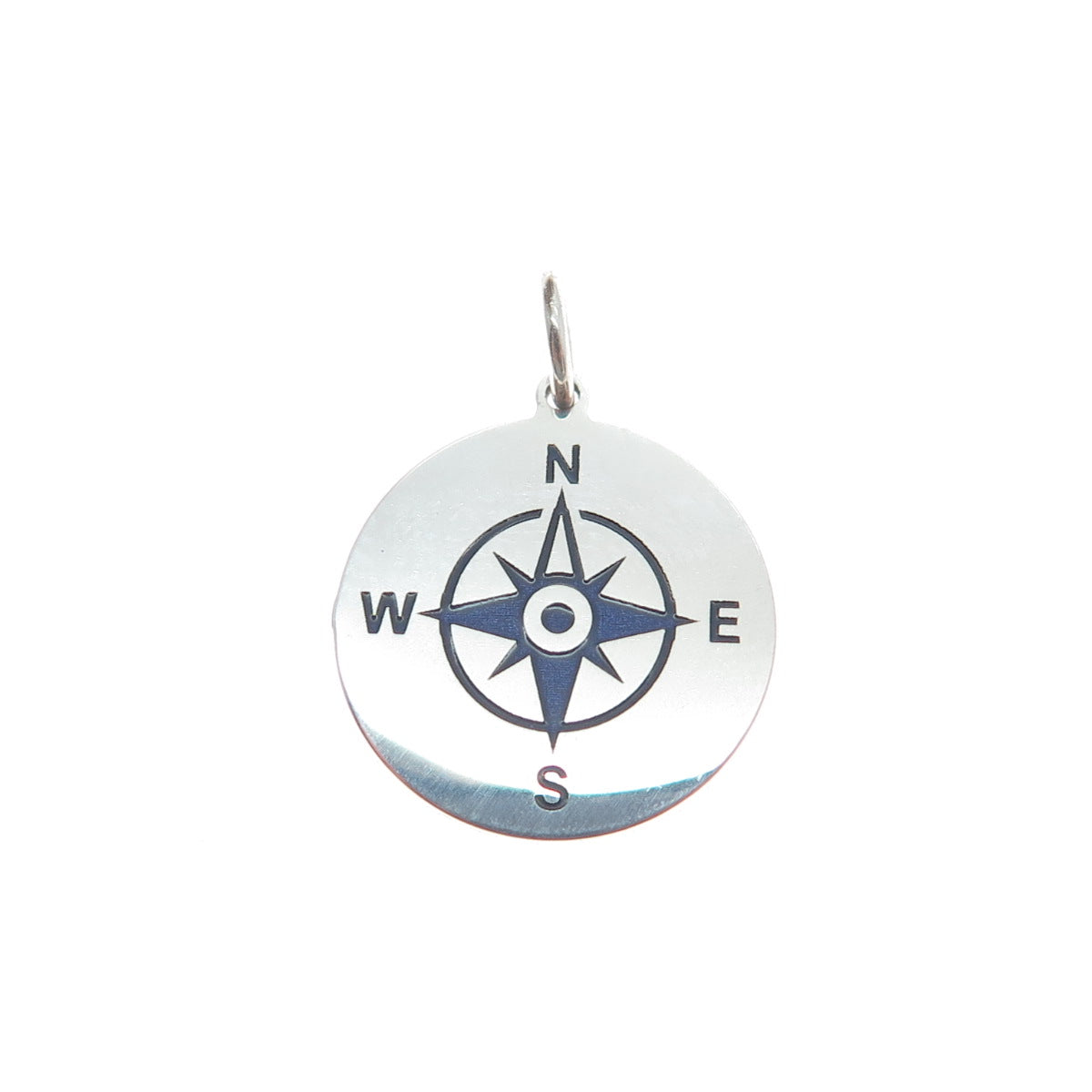 925 Sterling Silver Blue Enamel Compass Round Tag Minimalist Charm Pendant