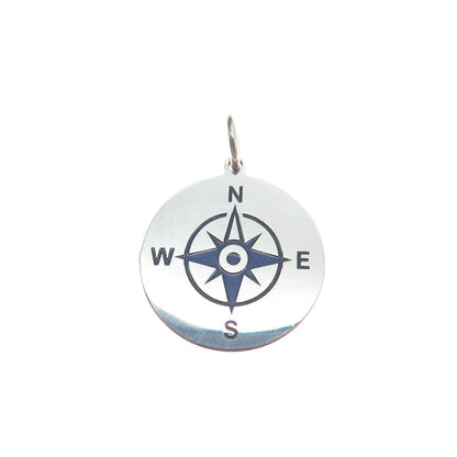 925 Sterling Silver Blue Enamel Compass Round Tag Minimalist Charm Pendant