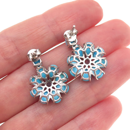 Chuck Clemency 925 Sterling Silver Real Turquoise & Tanzanite Floral Earrings