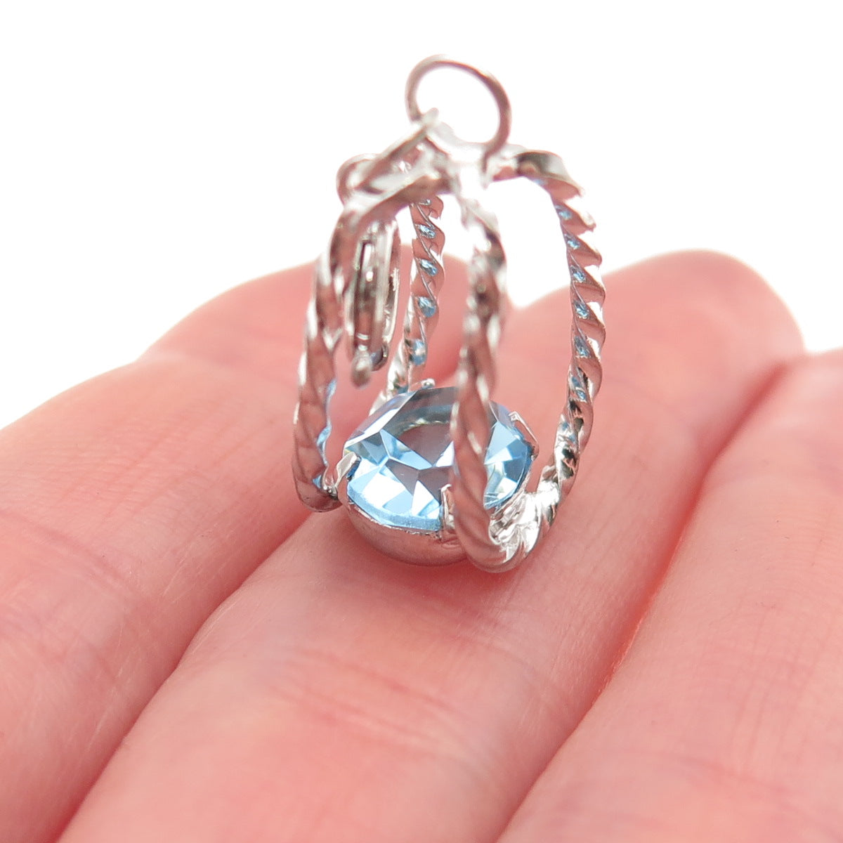 925 Sterling Silver Vintage Blue Rhinestone Cage Spring Ring Lock Charm Pendant