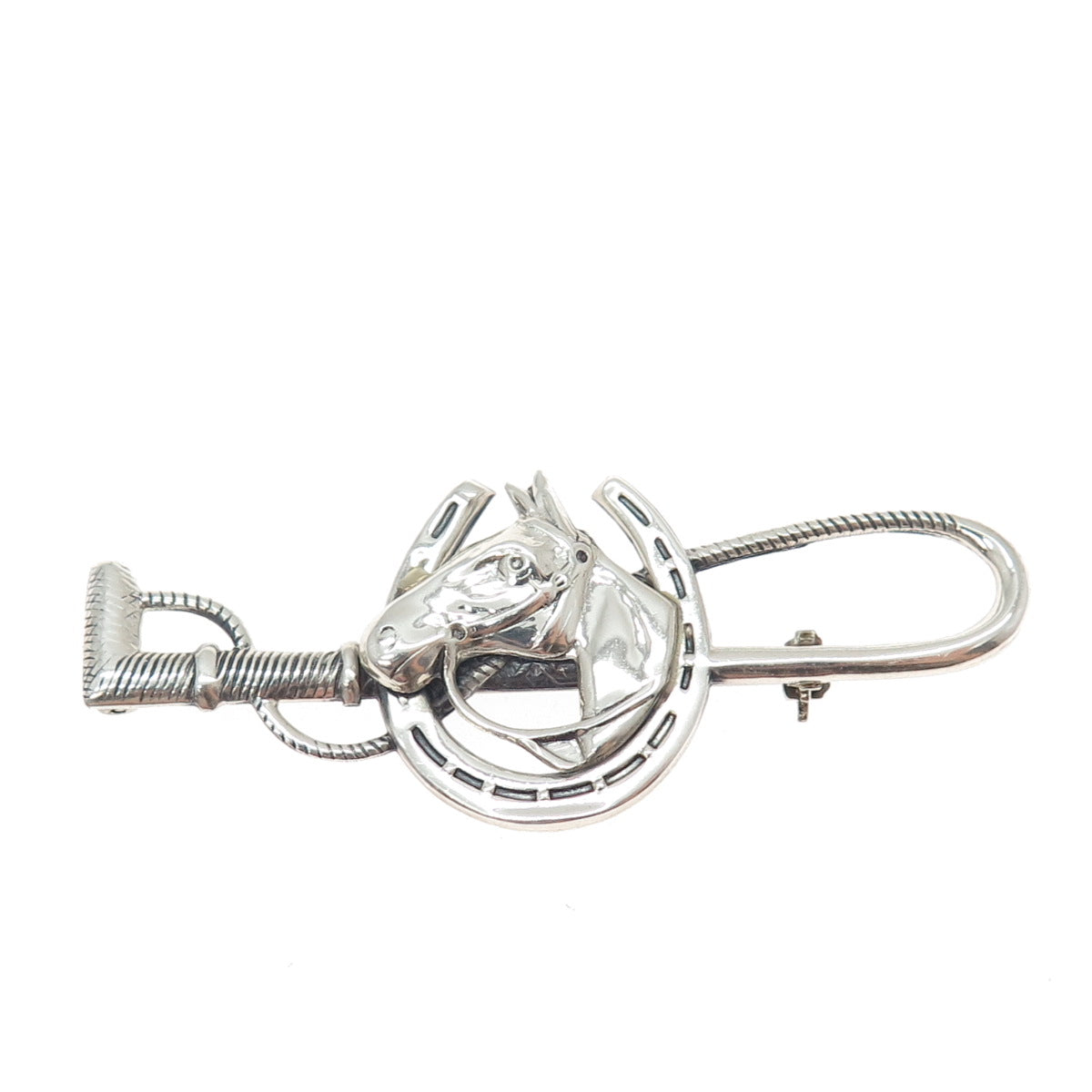 925 Sterling Silver Antique Art Deco Clover Horse Club Stirrup Pin Brooch