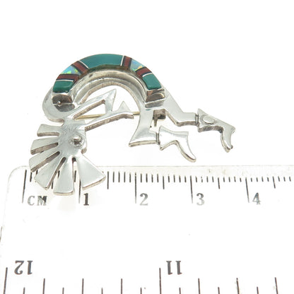 CHARLIE BOWIE NAVAJO Old Pawn Sterling Silver Multi-Gem Kokopelli Pin Pendant