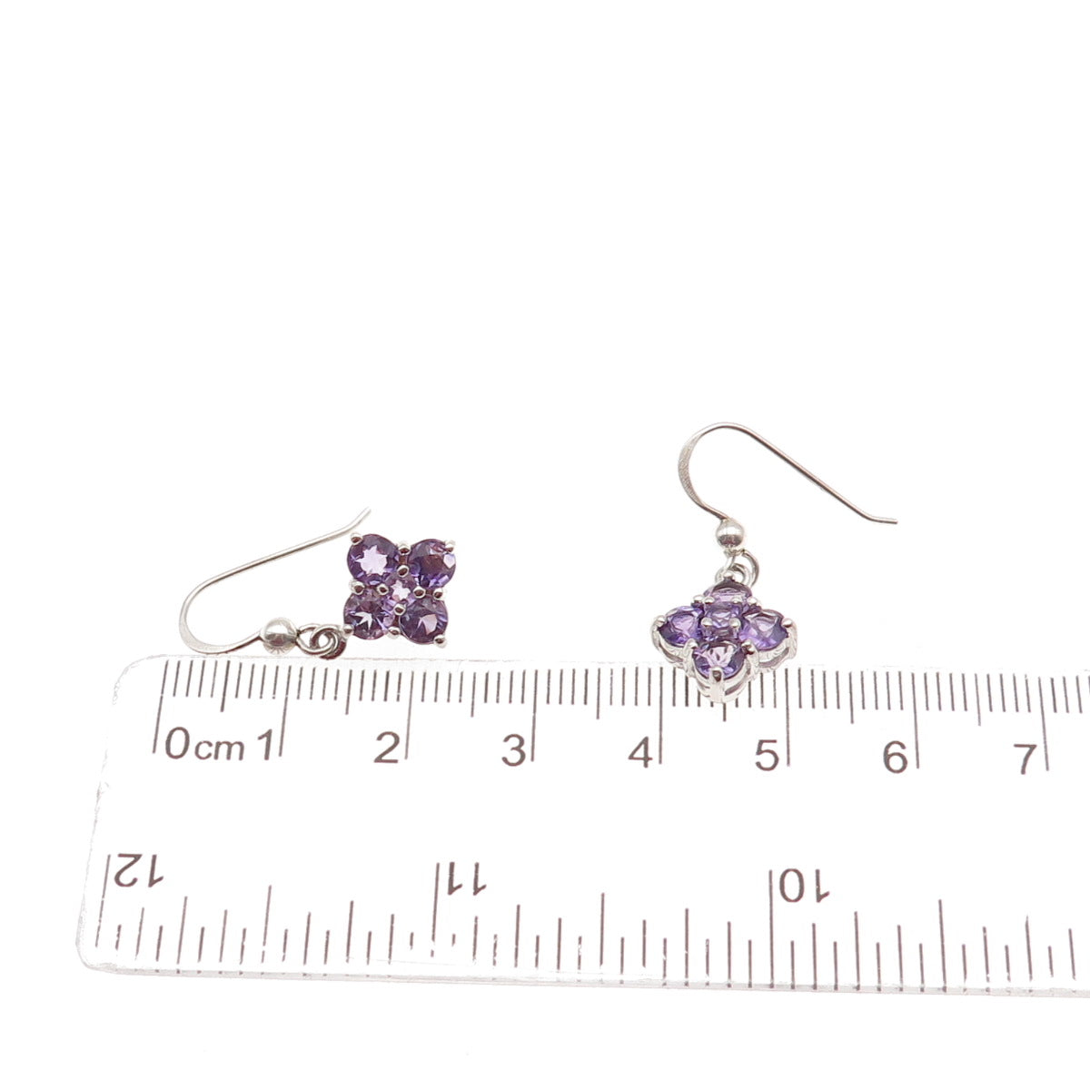 925 Sterling Silver Real Round-Cut Amethyst Floral Dangle Earrings