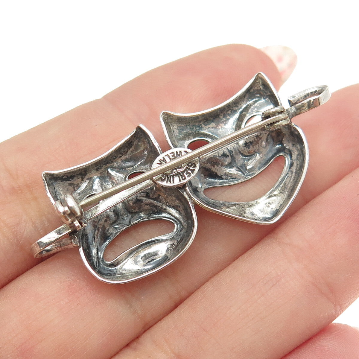 JEWELART 925 Sterling Silver Antique Sock & Buskin Tragedy Comedy Masks Brooch