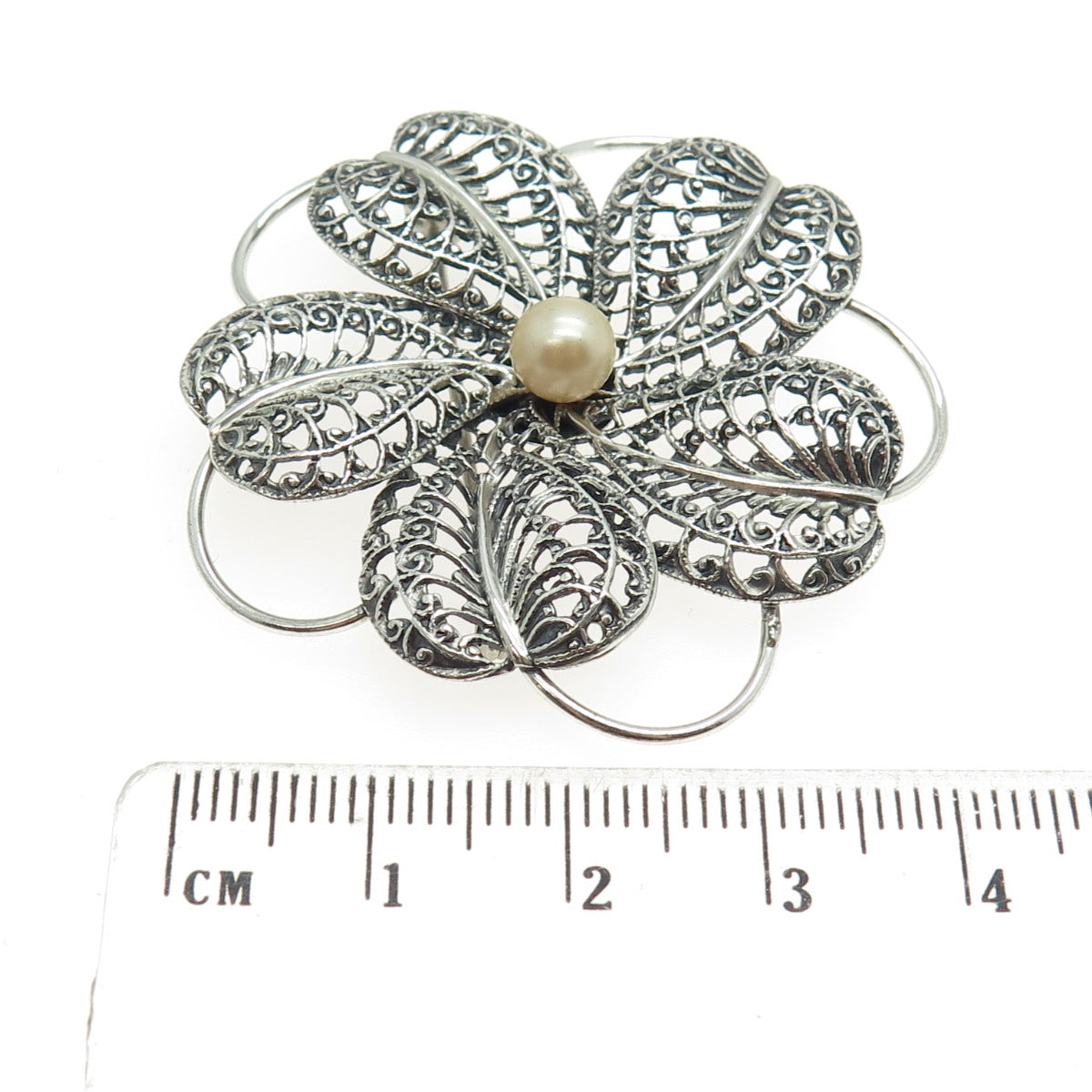 BEAU 925 Sterling Silver Vintage Faux Pearl Floral Filigree Pin Brooch