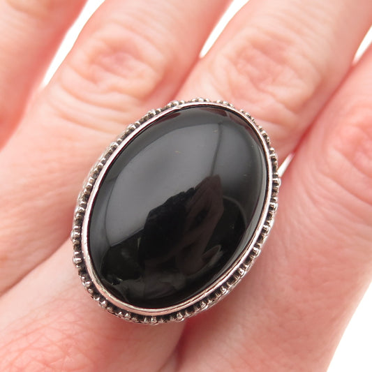 925 Sterling Silver Vintage MCM Real Black Onyx Modernist Floral Ring Size 9