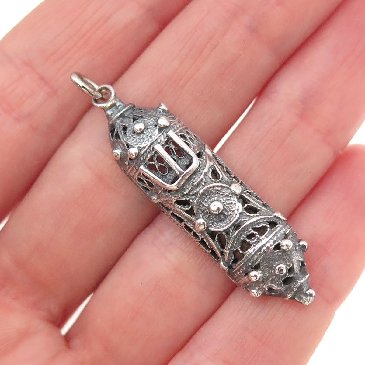925 Sterling Silver Vintage Israel Mezuzah Filigree Oxidized Charm Pendant