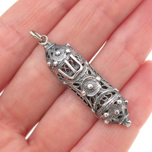 925 Sterling Silver Vintage Israel Mezuzah Filigree Oxidized Charm Pendant