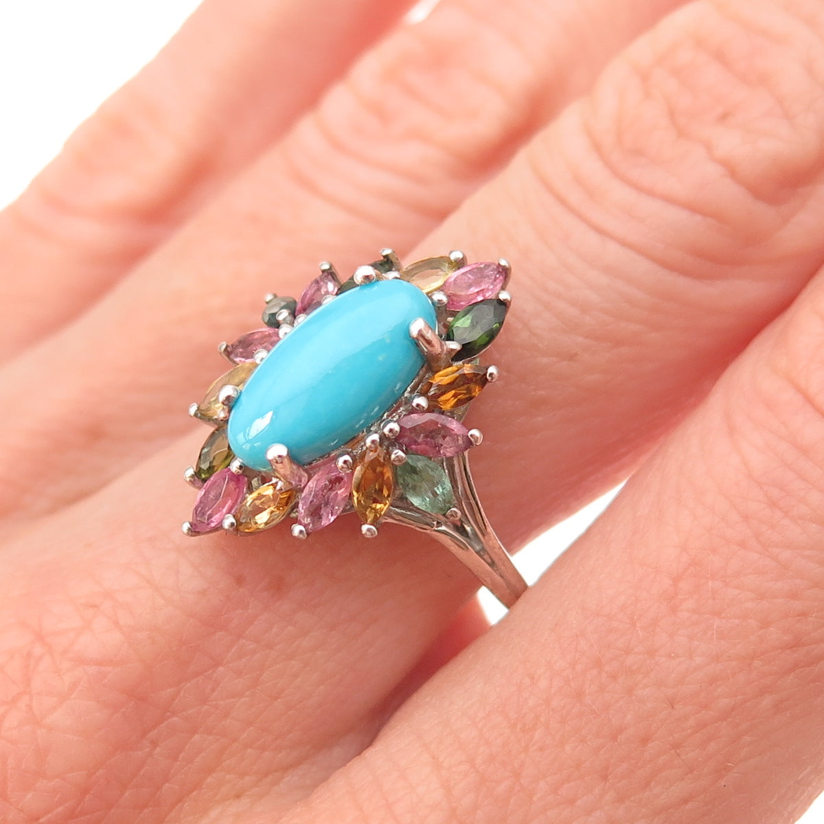 D'Joy 925 Sterling Silver Real Turquoise & Multi-Color Tourmaline Ring Size 8