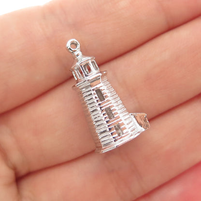 925 Sterling Silver Vintage Lighthouse 3D Charm Pendant