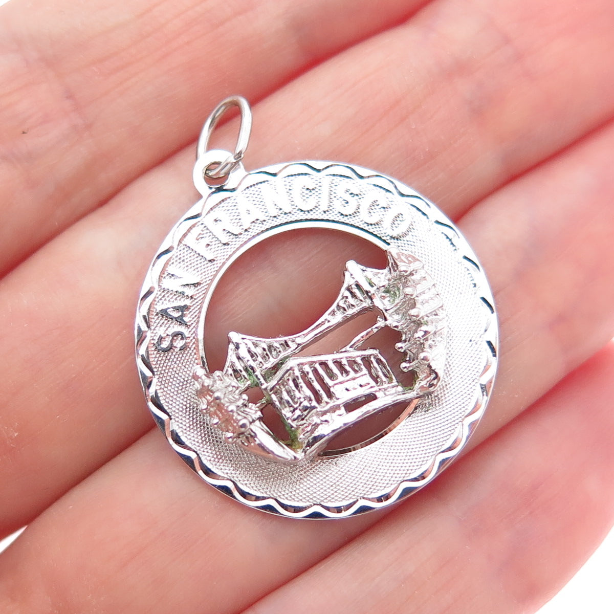 CREA 925 Sterling Silver Vintage San Francisco Round Tag Charm Pendant