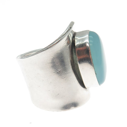 925 Sterling Silver Vintage Real Blue Chalcedony Gem Adjustable Ring Size 7
