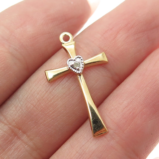 FELICE JF 14K Yellow Gold Filled Vintage Real Diamond Accent Heart Cross Pendant