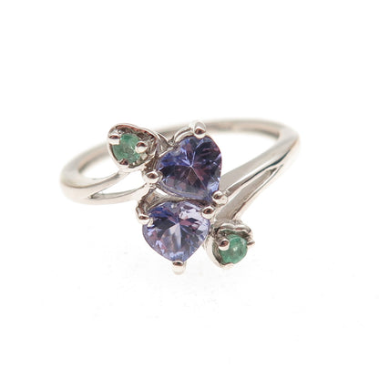 Chuck Clemency 925 Sterling Silver Real Tanzanite & Emerald Heart Ring Size 8.25