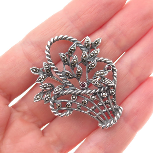 925 Sterling Silver Vintage Real Red Garnet & Marcasite Basket of Flowers Brooch