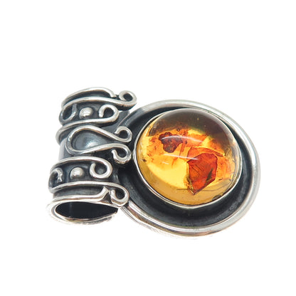 925 Sterling Silver Vintage MAC Artisan Real Amber Oxidized Slide Charm Pendant