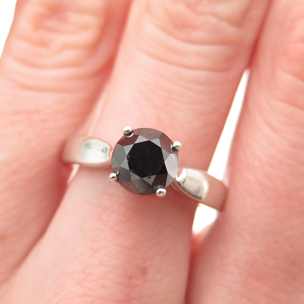 925 Sterling Silver Real Round-Cut Black Diamond Ring Size 8