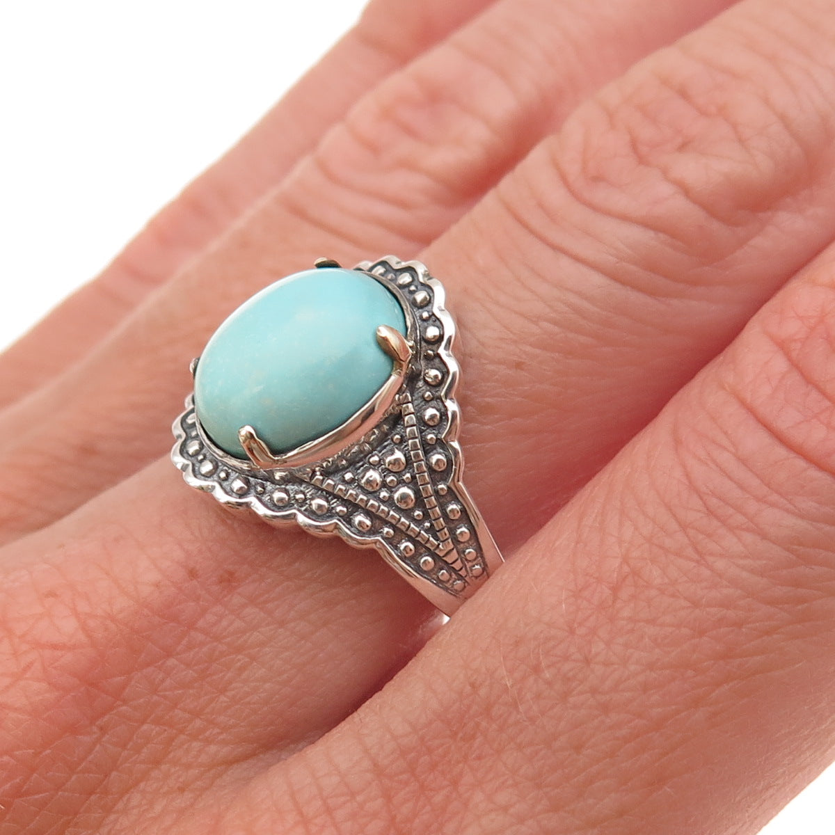 925 Sterling Silver Real Tyrone Turquoise Oxidized Ring Size 8