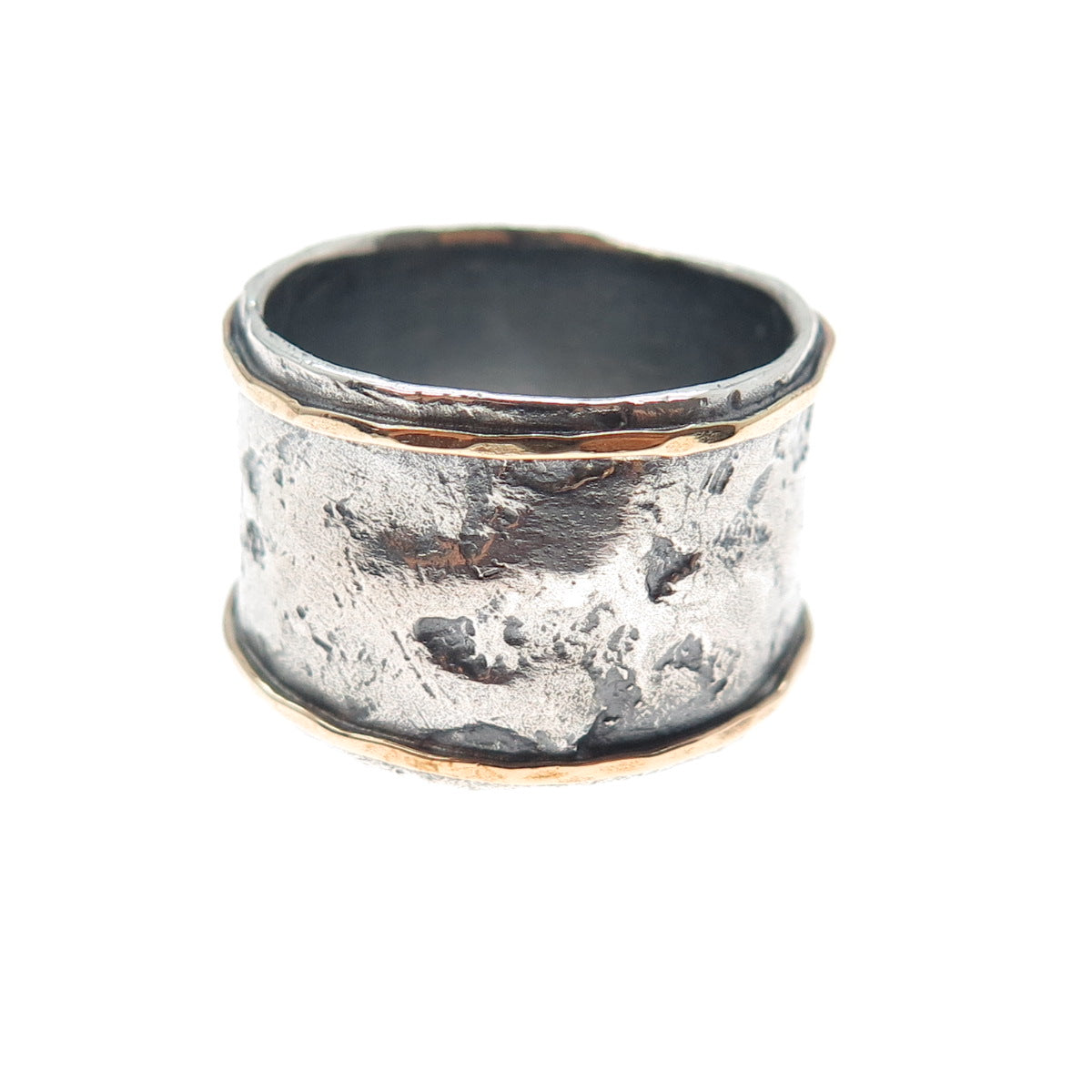 925 Sterling Silver & 14K Gold Vintage Modernist Oxidized Band Ring Size 9.75