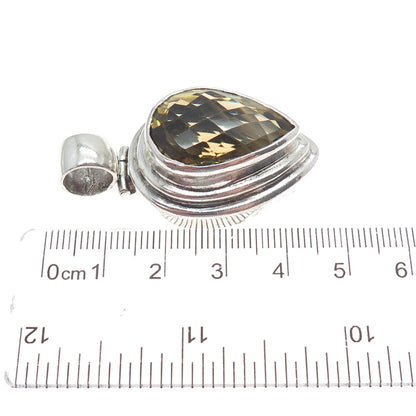 925 Sterling Silver Vintage Real Pear-Cut Smoky Quartz Teardrop Pendant