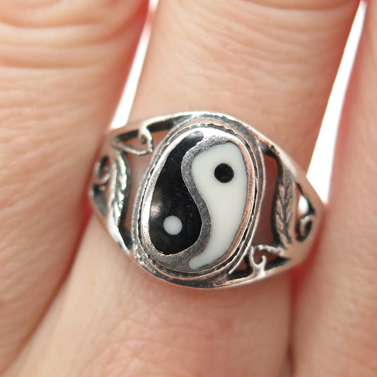 925 Sterling Silver Vintage Real Black & White Onyx Yin Yang Floral Ring Size 7